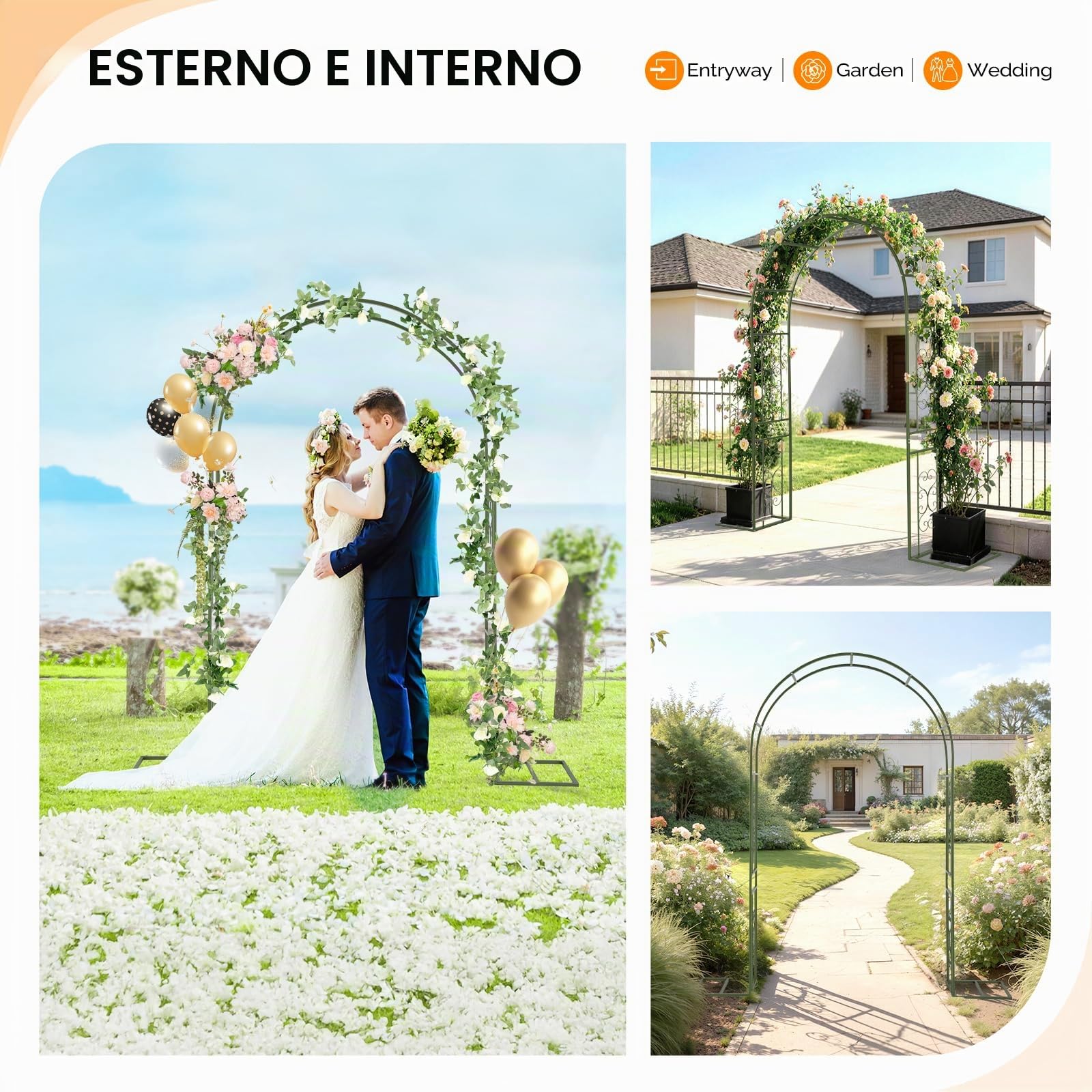 Bonnlo Arco metallico resistente per rose,Supporto rampicanti per piante da giardino, Arco per portone per giardino, prato e matrimoni,Adatto per interno ed esterno, 217 x 40 x 230,5 cm,Verde