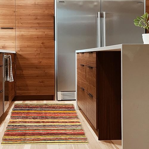 Miniatura 2 de India Artistic Alfombra de trapo Chindi multicolor de 4 x 6 pies Tejido a mano y reversible Algodón reciclado para sala de estar y cocina