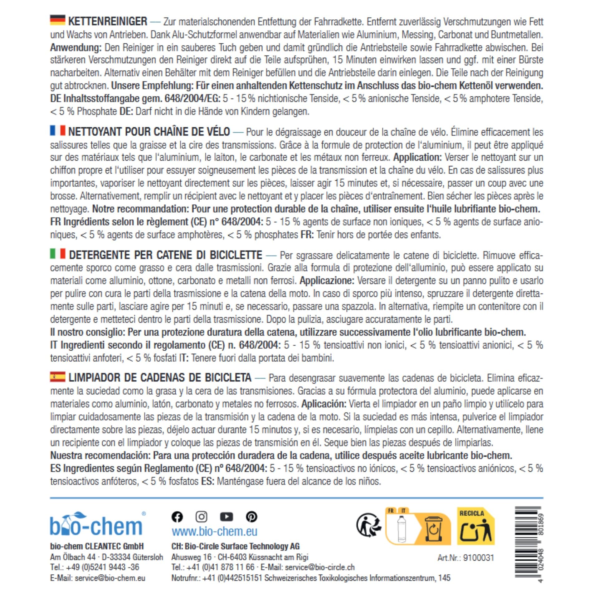 bio-chem Kettenreiniger Fahrrad Antriebsentfetter 1L | Für Fahrradkette, Kassette, Ritzel und Bremsbeläge | materialschonende Reinigung