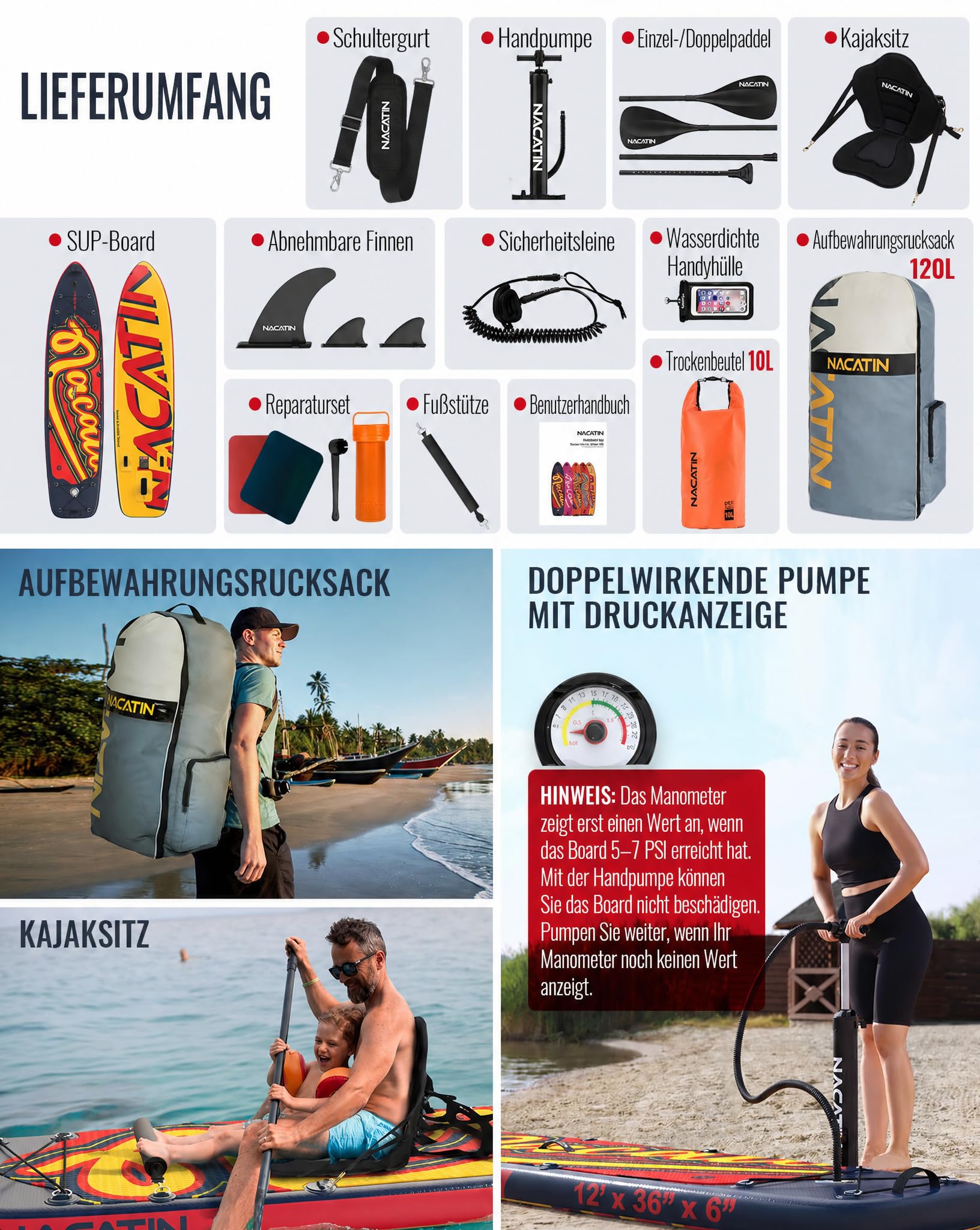 NACATIN 366cm (12ft) aufblasbares SUP Board mit Sitz, breites 91cm (36in) Stand Up Paddling Board für Erwachsene & Familie, mit Einzel-/Doppelpaddel, Kajaksitz, stabiles breites Deck für Anfänger