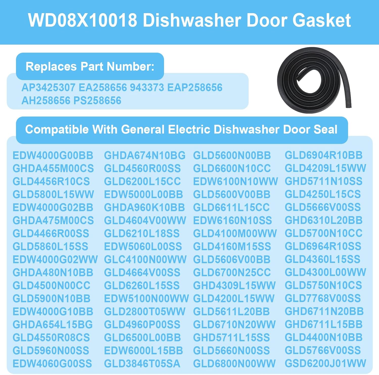 WD08X10018 Dishwasher Door Gasket Compatible with General Electric Ge Dishwashers Replaces PD00023348 WD8X10018 943373 AP3425307 EAP258656 PS258656 AH258656 EA258656 Door Seal
