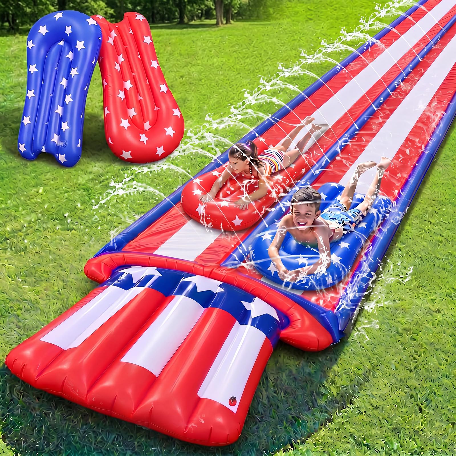 Scivolo acquatico patriottico del cortile del 4 luglio da 6,7 m con irrigatore e 2 bodyboard 2 corsie slip rosso bianco e blu bandiera americana scivolo per il Memorial Day 250th Outdoor