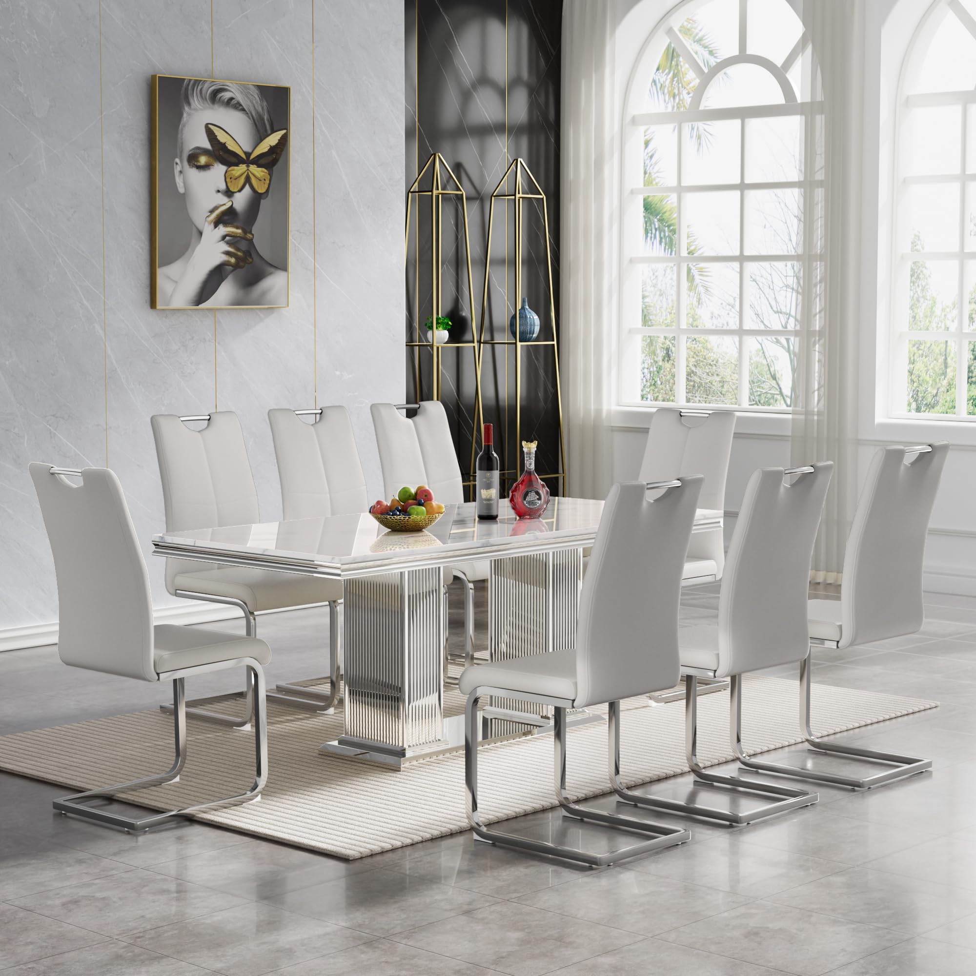 Nimaolt Modern 9 Pieces Marble Dining Table Set for 8, 68" White Faux Marble Kitchen Table Set with Column-Shape Pedestal Base,Luxury Silver Dining
