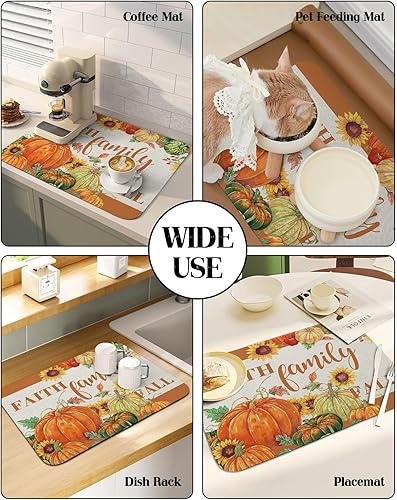 Miniatura 6 de Tapete de secado de platos de calabaza otoñal para encimera de cocina, súper absorbente, de secado rápido, tapete delgado para fregadero de
