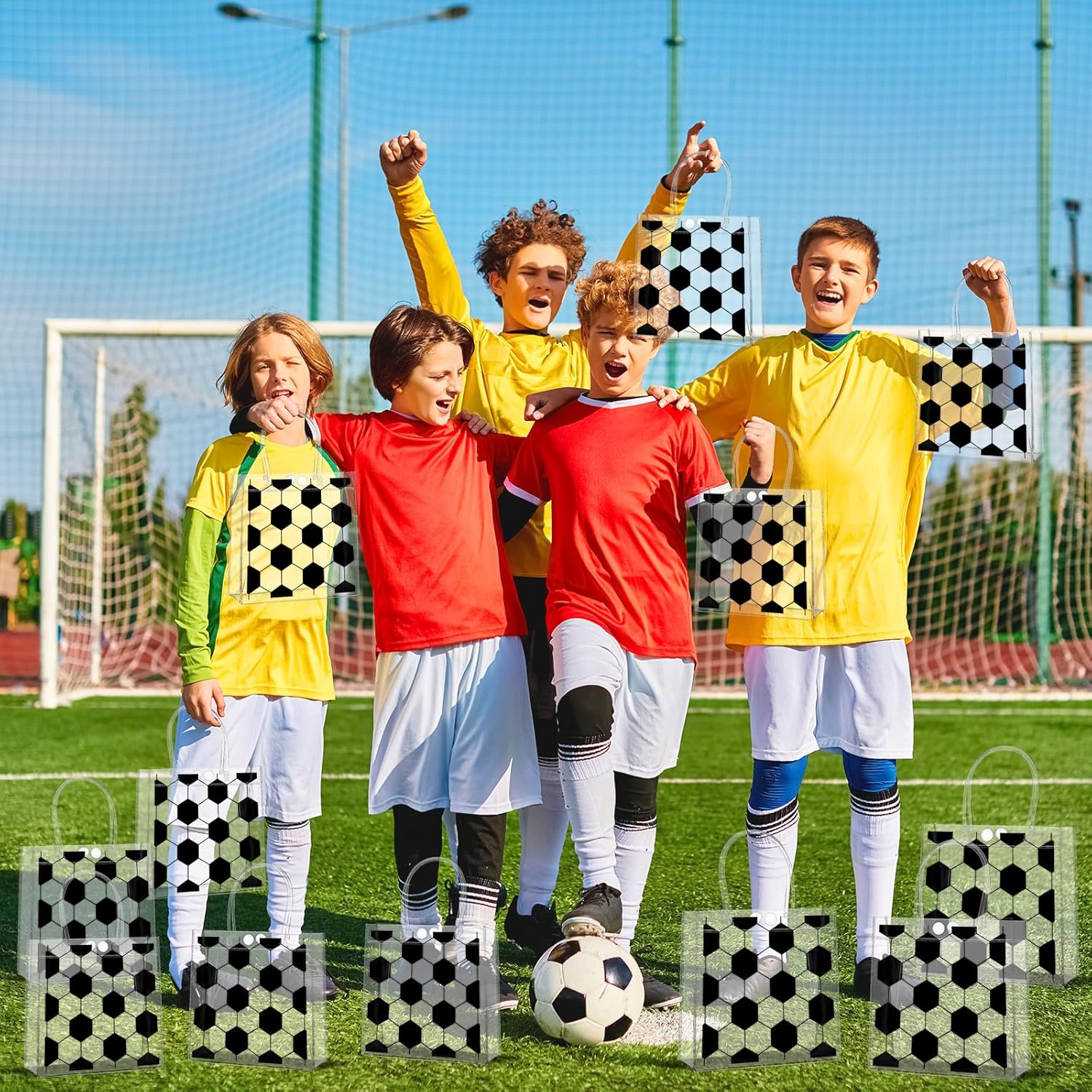 Lonfliness 12Pcs Soccer Clear PVC Gift Bags With Handles Bulk Sport Theme Goodie Treat Candy Bags Team Present Wrap Tote Bag for Boys Birthday Party Favor Baby Shower Decorations Supplies 8 x 8 x 3in - Image 6