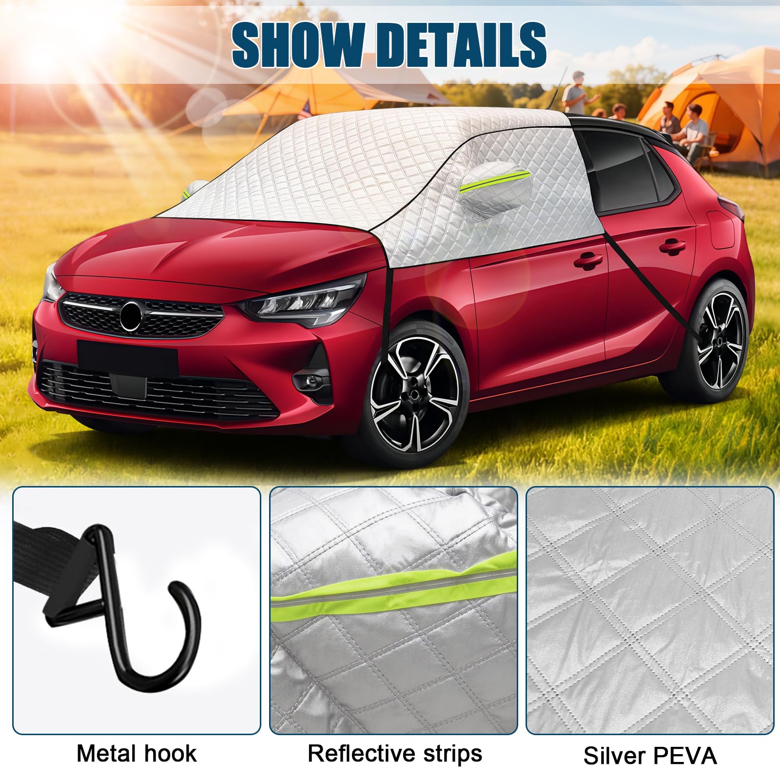 Osłona na przednią szybę kompatybilna z Opel/Vauxhall Corsa, srebrna osłona zewnętrzna okna bocznego, ochrona przed słońcem, blokuje promienie UV, odporna na warunki atmosferyczne osłona przedniej