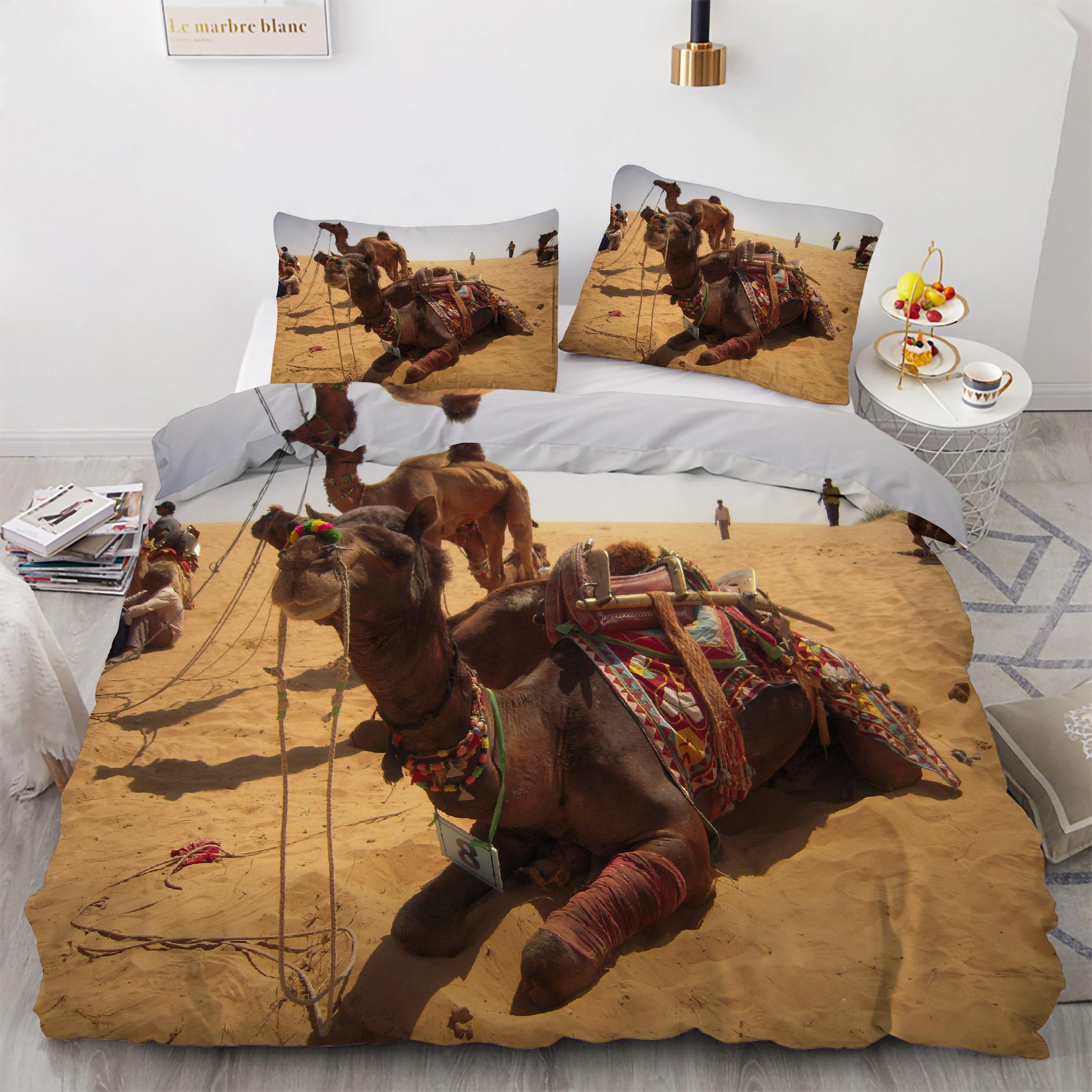 Ensemble de literie 3 pièces chameau 160x200 avec housse et taies