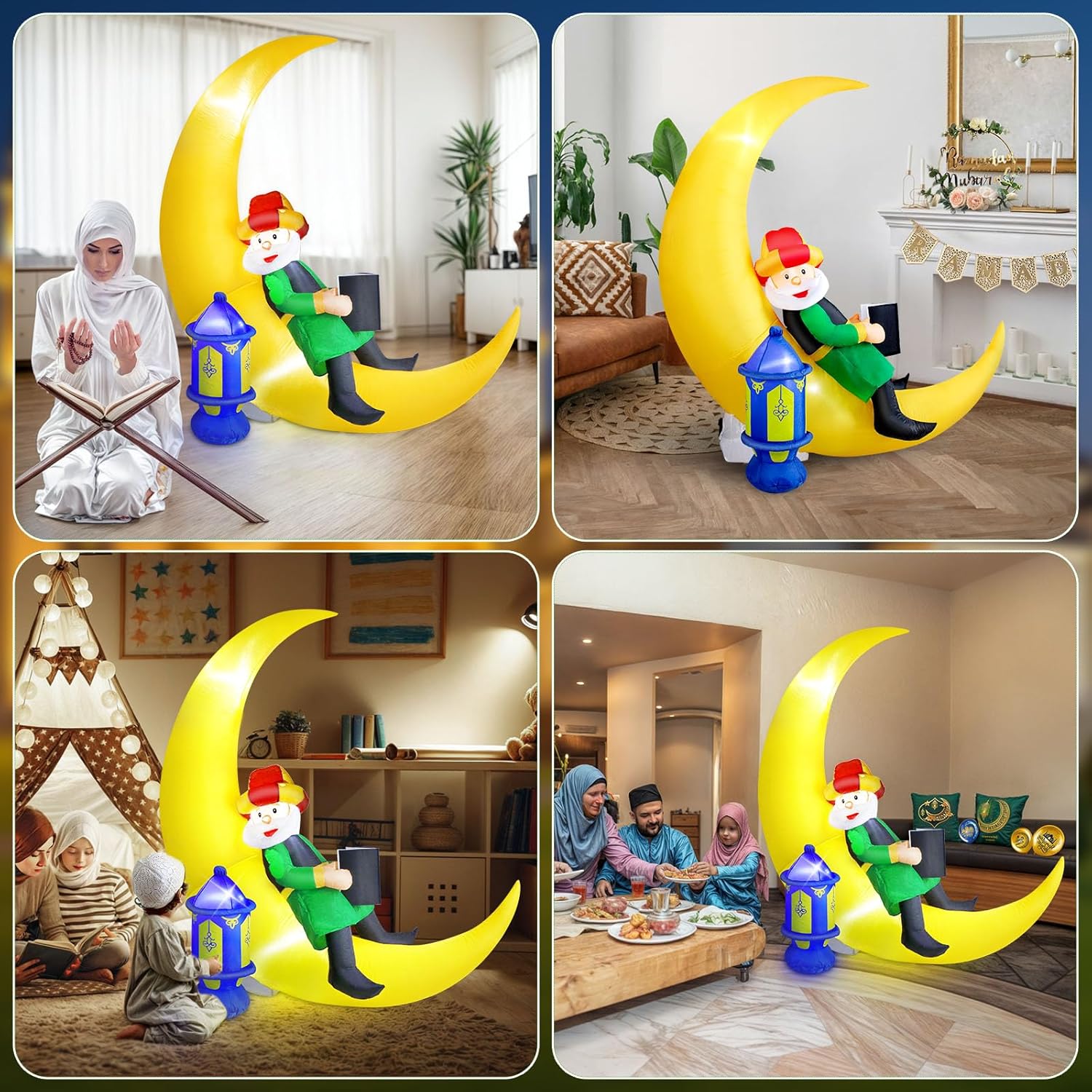 Ramadan Inflatable Decorations 5.8Ft, Eid Mubarak Moon + Ramadan Lantern Inflatable with 4 Bright LED Lights, Eid Mubarak Muslim Holiday Outdoor Yard Decorations