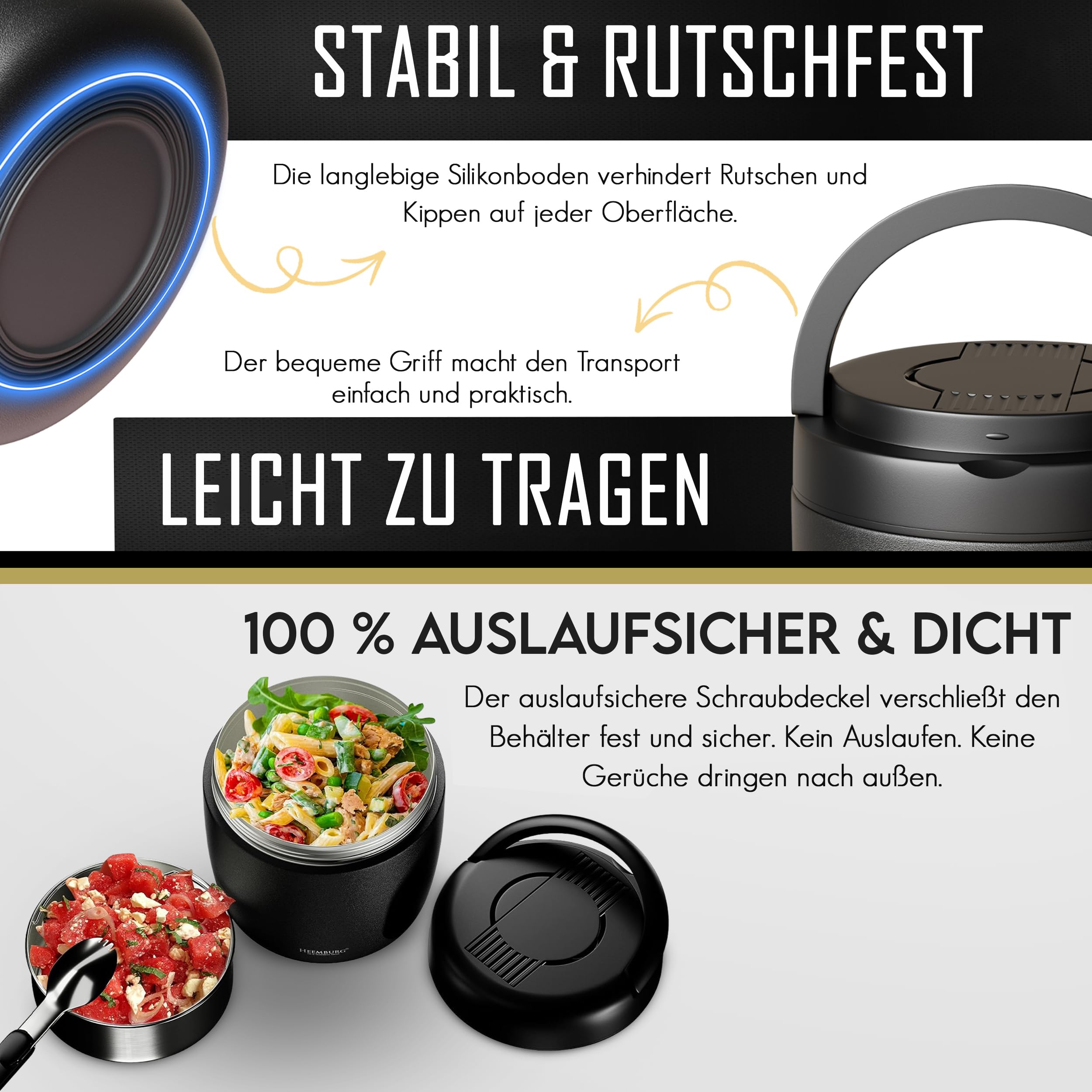 HEEMBURG Henkelmann - Récipient thermique pour aliments - 1 l - En acier inoxydable - Double paroi isolée - Pour repas, soupe, déjeuner, aliments pour bébé - Pour bureau, travail, déplacements