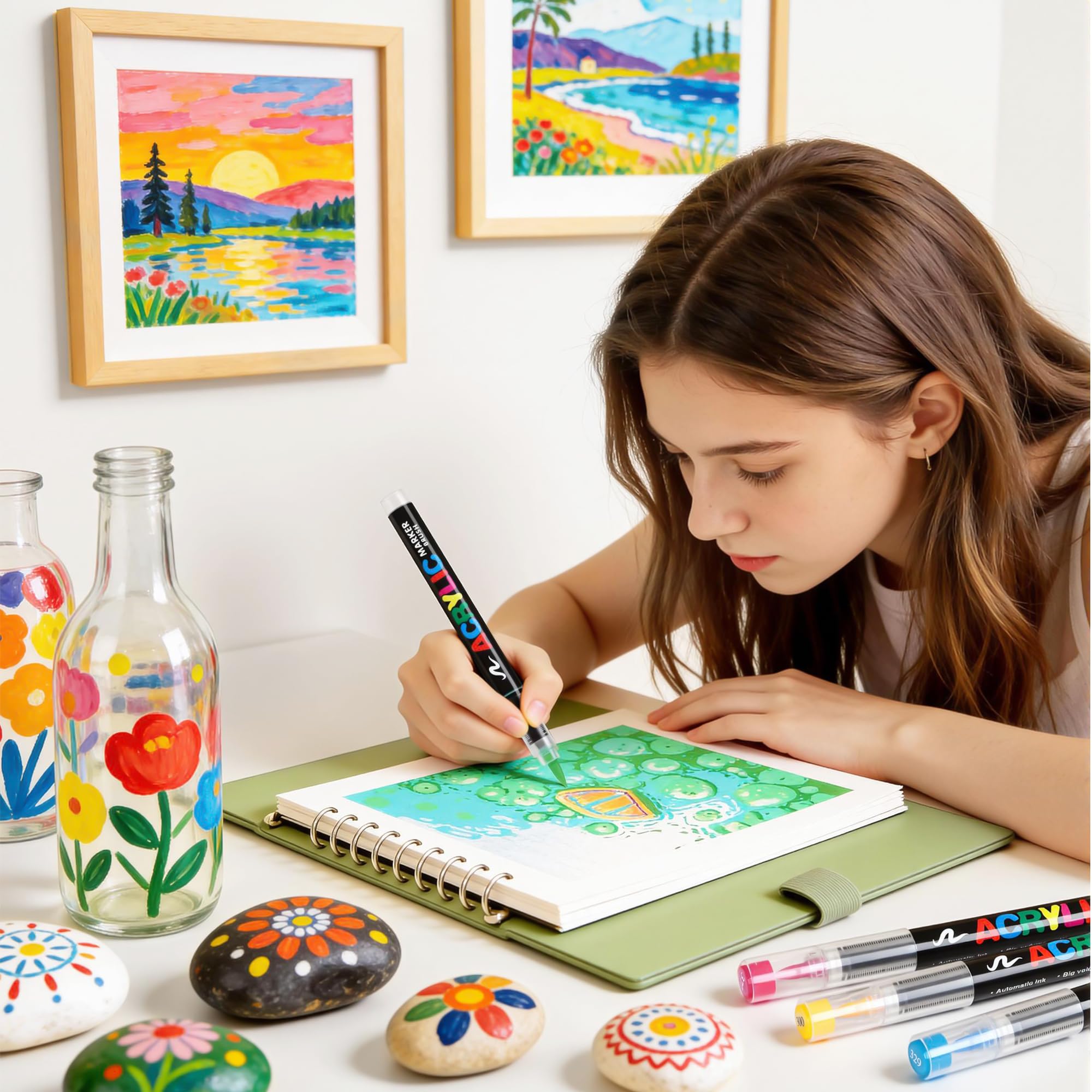 Tongfushop 120 Pennarelli Acrilici, Acrylic Marker Pennello con Flusso Auto-Regolato, Impermeabili ad Asciugatura Rapida per Decorare Sassi, Legno, Ceramica e Vetro | Ideale per Adulti e Fai da Te