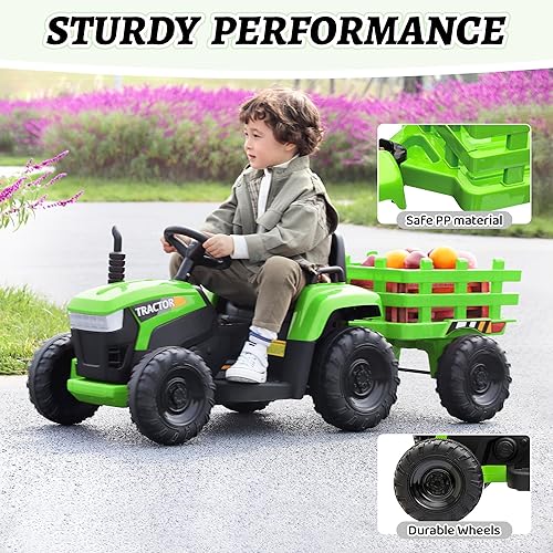 Miniatura 2 de TOBBI Tractor eléctrico de juguete para niños, 12 V, funciona con batería, vehículo de remolque motorizado con motor dual de 35 W, 6 ruedas, 3
