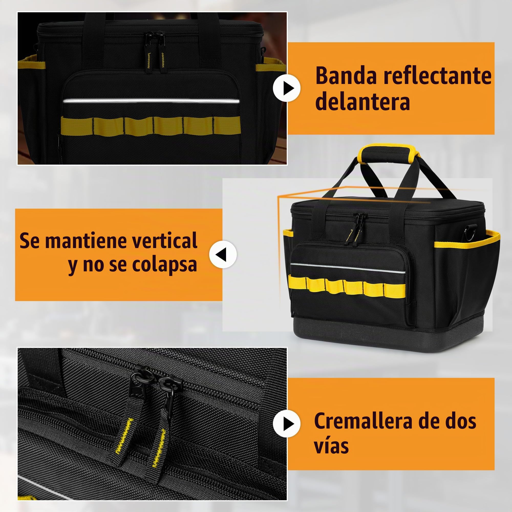 Rexmica Bolsa de Herramientas con Base Rígida de EVA/Correa para el Hombro | Bolsa de Herramientas Robusta Multifuncional para Electricistas, Fontaneros, Mecánicos y Uso Automotriz, Negro/Amarillo