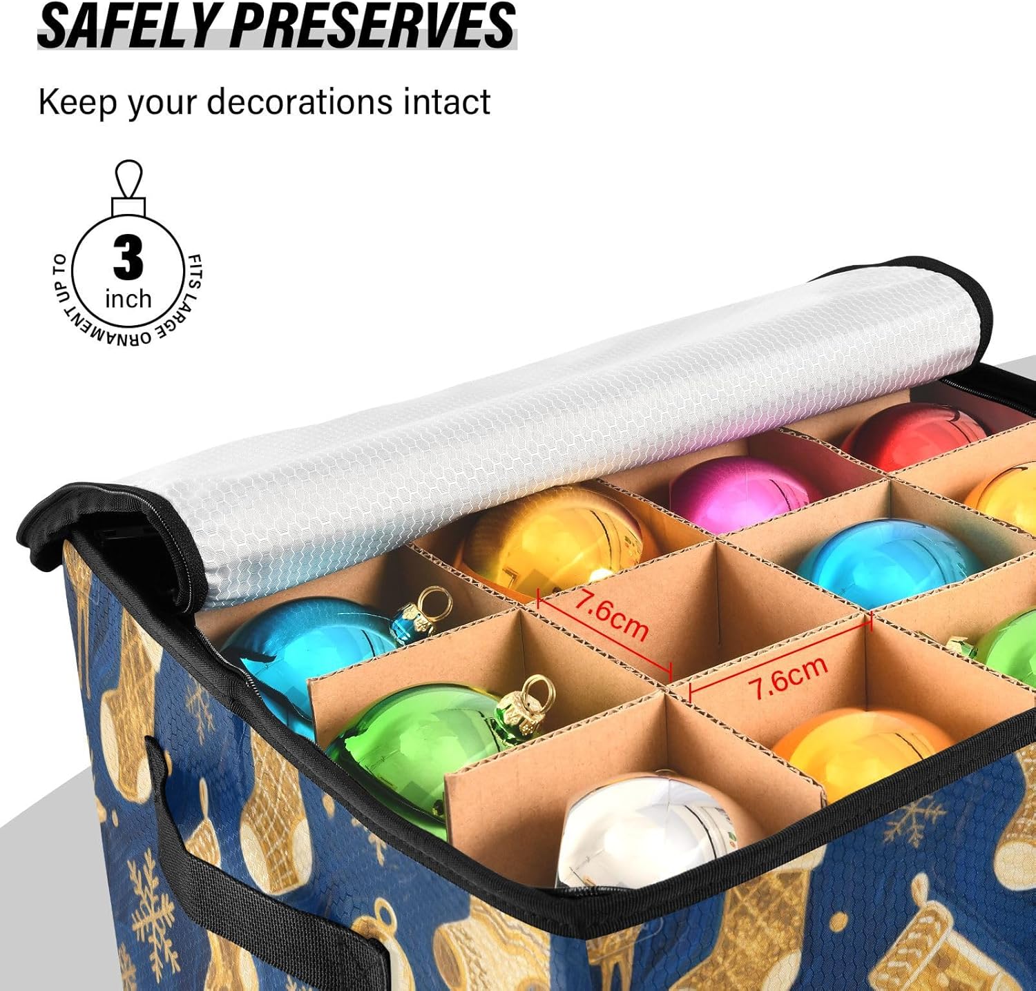 High Capacity Christmas Ornament Storage Box Holds Up to 64, Adjustable Dividers, Zippered Top, Two Handles sturdy Holiday Storage Case with Lid,Merry Christmas Golden Bell Elk