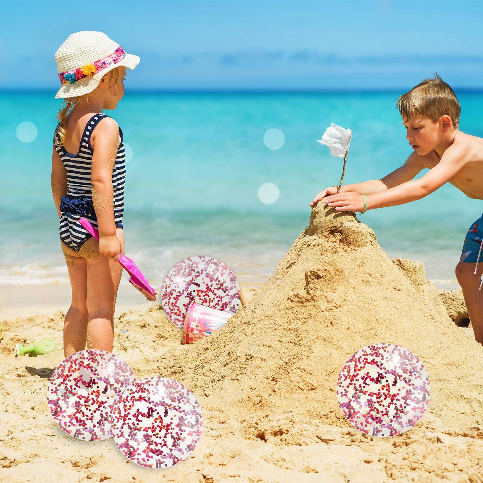 16 bolas de playa inflables de oro rosa con purpurina de 16 pulgadas, bolas redondas de PVC, lindos juguetes de juego para verano, temática tropical hawaiana, decoración de fiesta en la playa, 5