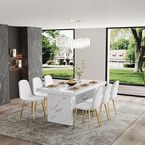 Miniatura 9 de Juego de mesa de comedor moderno para 6, juego de mesa de comedor blanco de 63 pulgadas para 6, tablero de mesa de cocina MDF con patrón de mármol y