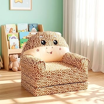 Folding Sofa Stool Seat, Kids Floor Sofa Chair with 30D High-Density Sponge, Removable Washable Folding Lazy Sofa, Space-Saving 3-Section Convertible Sofa Bed Giraffe