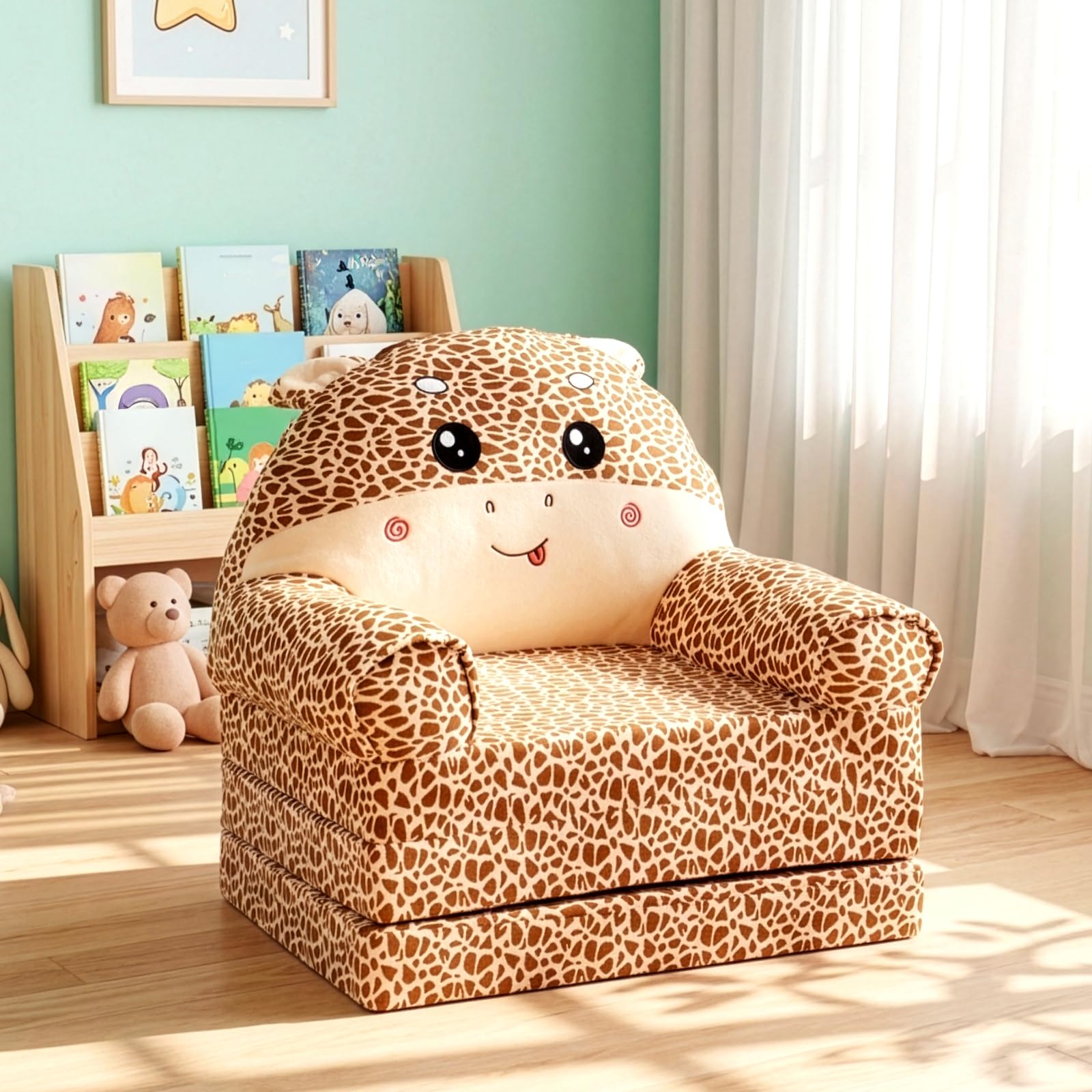 FERNVALE Folding Sofa Stool Seat, Kids Floor Sofa Chair with 30D High-Density Sponge, Removable Washable Folding Lazy Sofa, Space-Saving 3-Section Convertible Sofa Bed (Giraffe)
