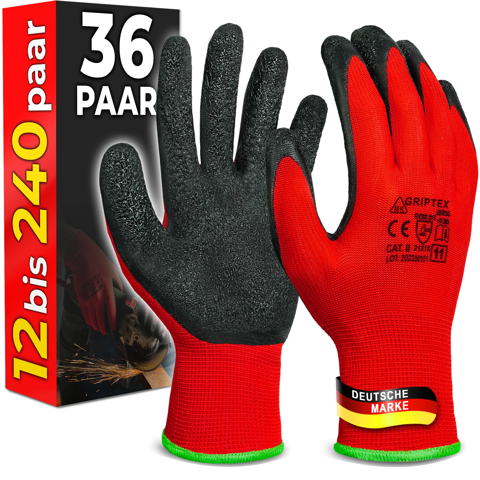 Abriebfest Arbeitshandschuhe Herren mit Latexbeschichtung (36 Paar) - Größe 9-L