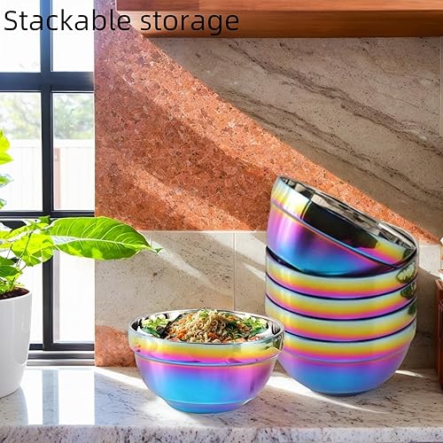 Miniatura 6 de Juego de cuencos arcoíris de 14 onzas con 4 cuencos de sopa y 4 cucharas de sopa, cuencos de cereales de doble pared de acero inoxidable 304 para el