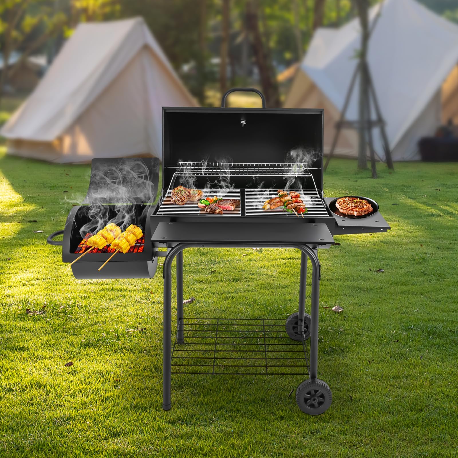 Grill na węgiel drzewny z pokrywką, duży grill węglowy z kółkami i termometrem i 2 półkami, na kemping i do ogrodu, 147 x 70 x 126 cm