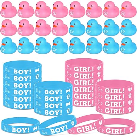 48 Pieces Gender Reveal Party Favors - 24 Silicone Wristbands, 24 Pink Blue Rubber Ducks