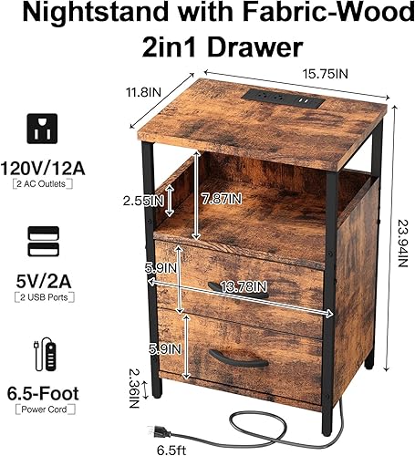 Miniatura 3 de KHLJJU Mesa auxiliar con estación de carga mesita de noche con cajón de tela mesa auxiliar pequeña para espacios pequeños mesas de noche vintage con