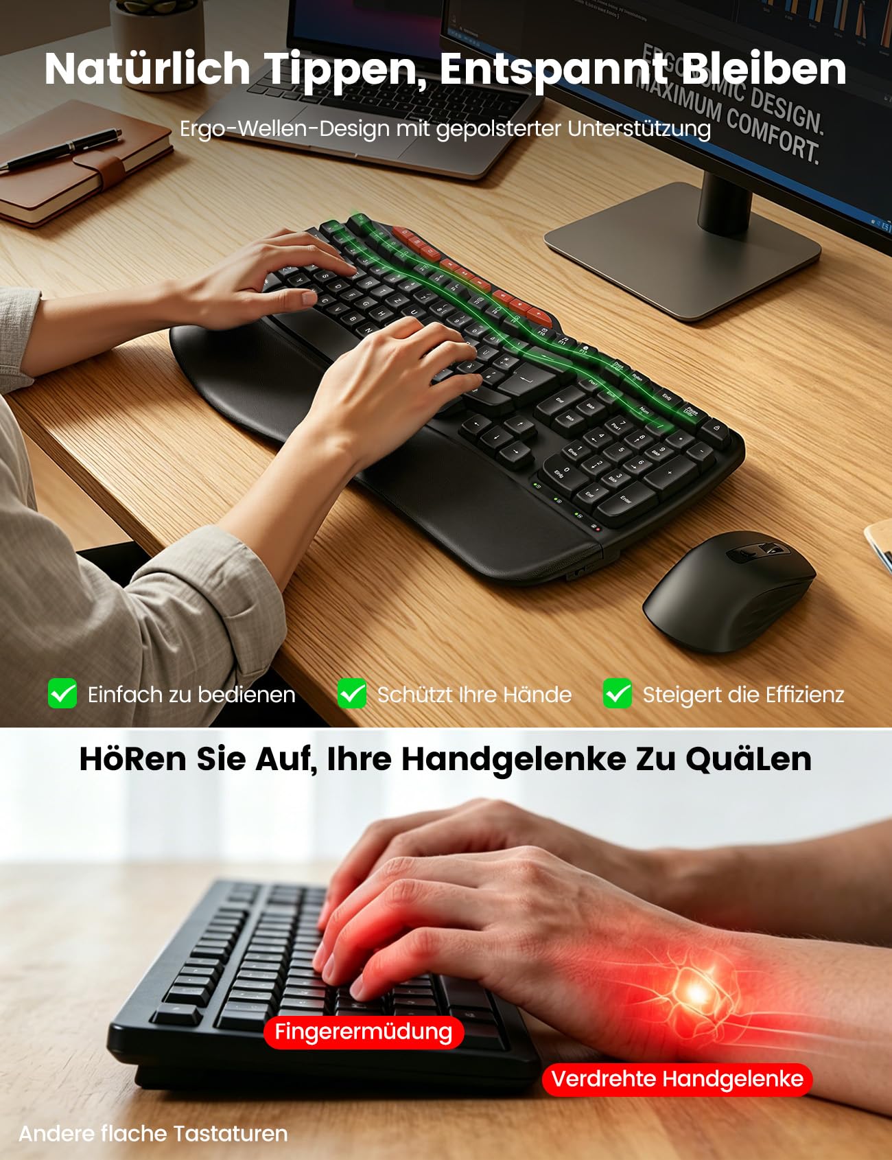 Tastatur Maus Set Kabellos, 2,4GHz Wave Tasten in Voller Größe, Ergonomische Tastatur mit Gepolsterte Handballenauflage und 4 Neigungswinkel, 3 DPI Maus für Windows/Mac OS/Desktop/Laptop/PC - MA31