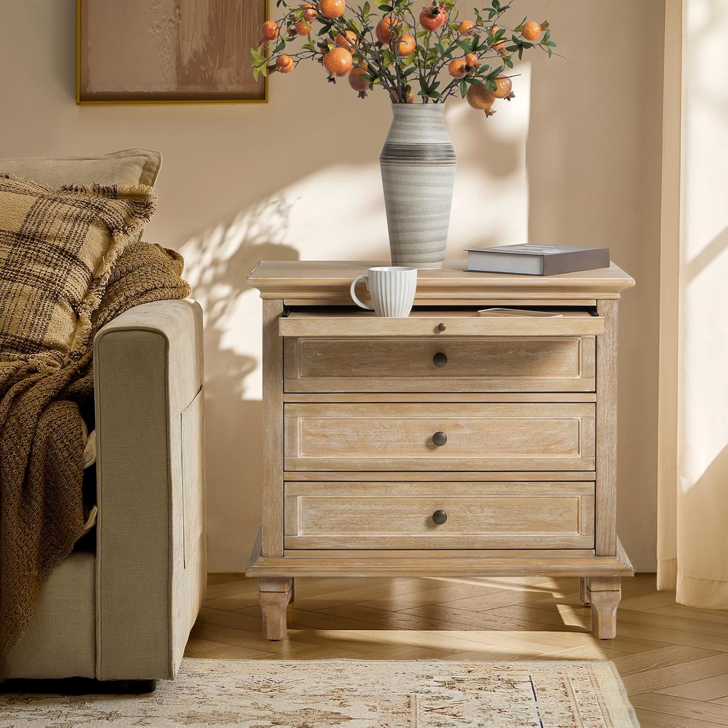End Table with Charging Station, Solid Wood Organizer with 3 Drawers & Pull-Out Shelf, Farmhouse Bedside Table for Living Room, Natual