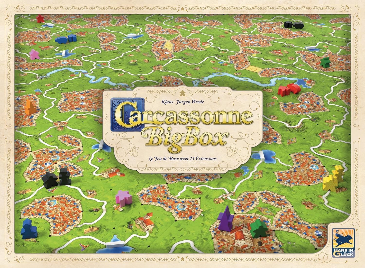 Asmodee Big Box Carcassonne Hans im Glück - Caja de iniciación - Juego básico y 11 Extensiones - Clásico Juego de Mesa para Familia a Partir de 7 años - Español | 7+ ans et plus - 2 à 6 jugadores - 45 à 60 minutos de jeu - Jeu de société - Jeu de strategi