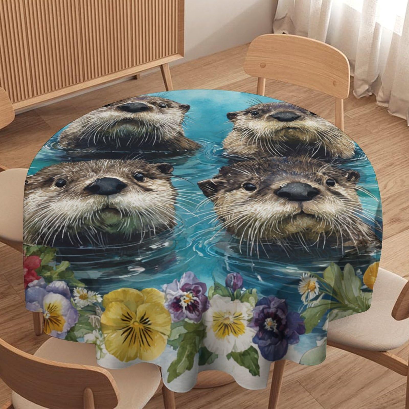LUYYSKY Modern Aesthetic Cute Otters Waterproof Round Tablecloth Rustic Abstract Spring Plants Floral Animals Otters Pattern Washable Table Cover for Kitchen-177.8" Wx177.8 L cm