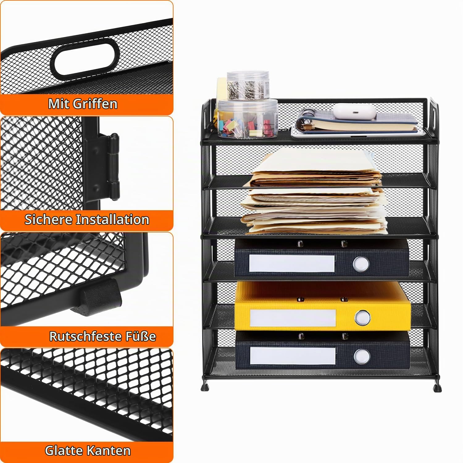 QWORK® 6 Ebenen Papier Organizer aus Mesh Metall in Schwarz, platzsparender Schreibtisch Akten Organizer