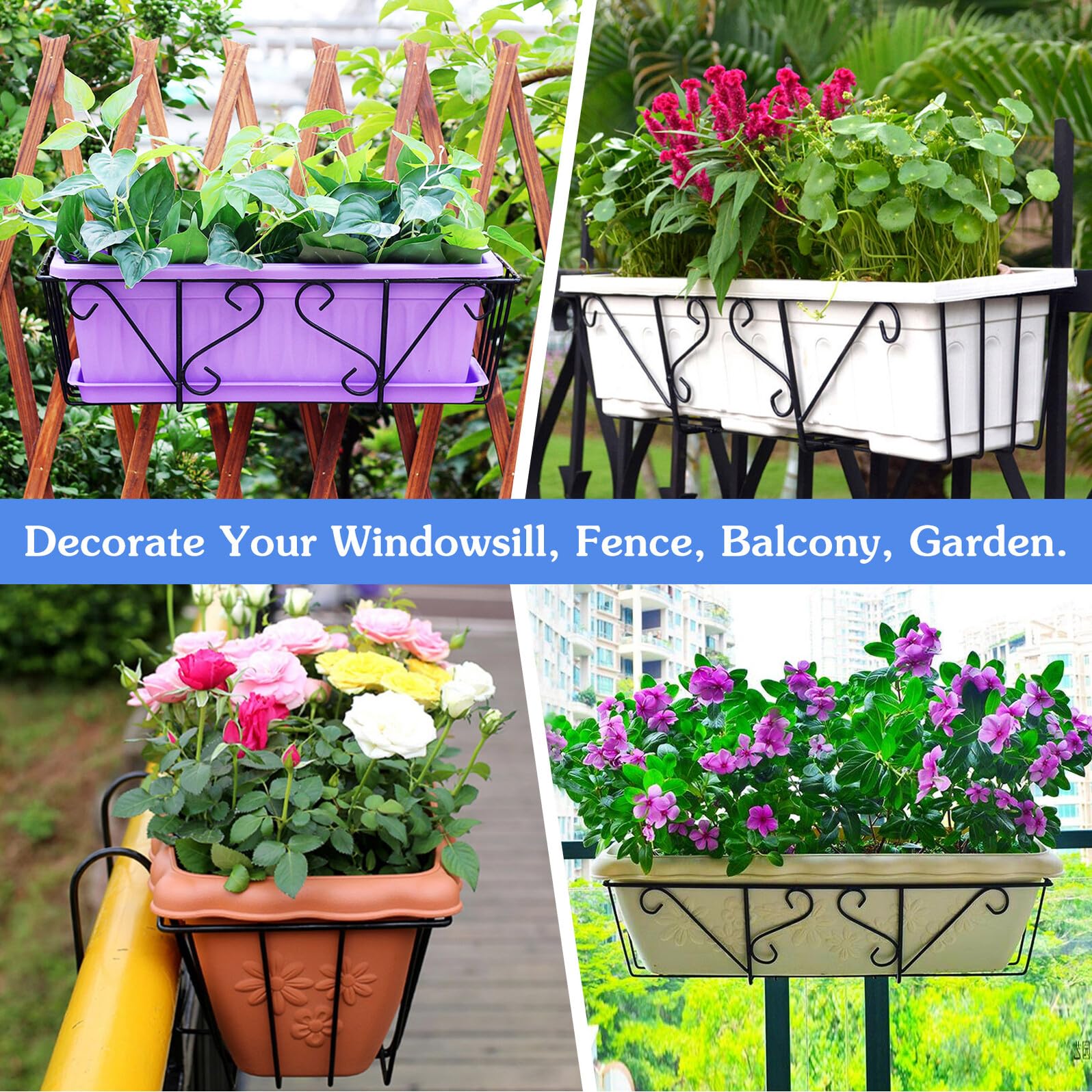 Homoyoyo Supporto per Piante in Ferro da Balcone Sospeso, Portavasi Ringhiera Nero in Metallo Robusto, Supporto Porta Fiori Versatile per Cucina, Giardino e Tavolo