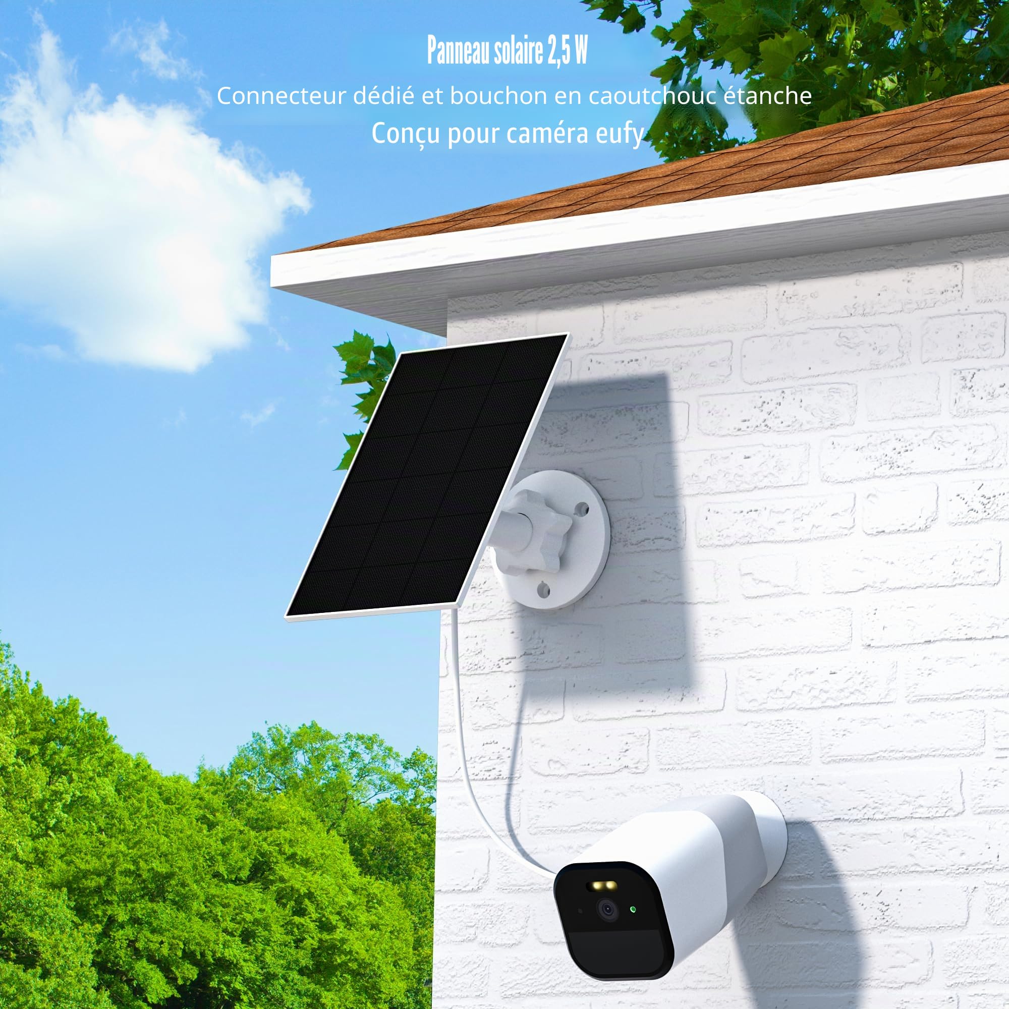 Panneau Solaire pour Caméra Eufy, Panneau Solaire 5V 2,5W Compatible avec Eufycam,2C/2C Pro, 2/2Pro, E20/E40, Solo, SoloCam Spotlight, Micro USB & Bouchon en Caoutchouc Inclus, Étanchéité IP65