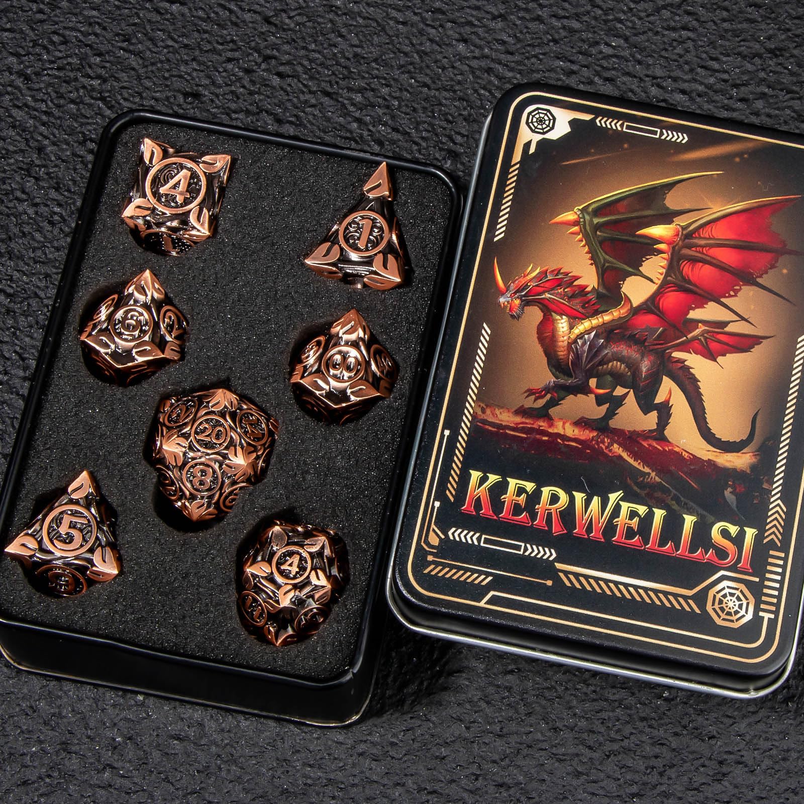 D&D Metallwürfel Set – 7-teilig, Blaugrün/kupfer, Zinklegierung, Mit Metallbox, Für Rollenspiele