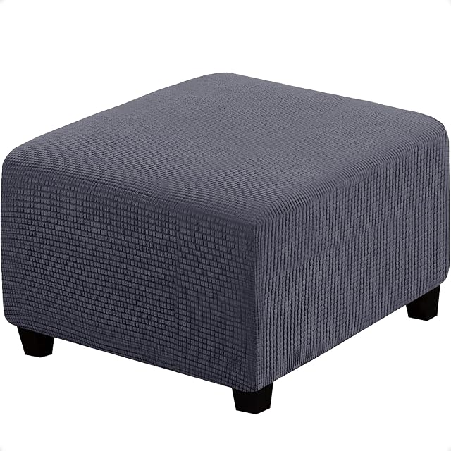 qiden Square Footstool Cover Stretch Ottoman Cover Plush, 10% Thicker Large Stretch Pouffe Cover Anti-Slip Foot Stool Jacquard Slipcovers With Elastic Bottom, Machine Washable-Gray