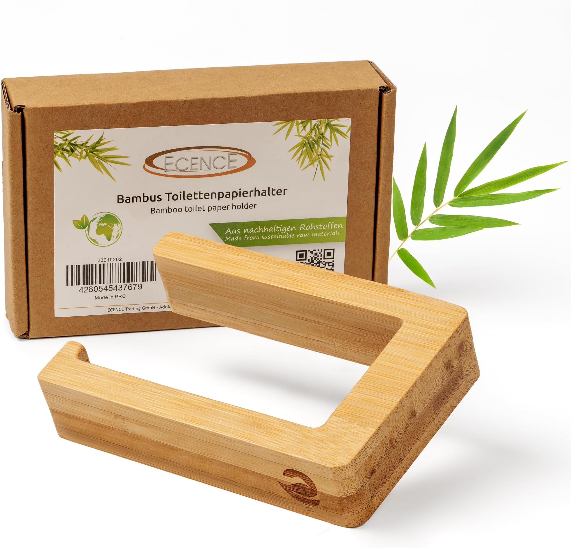 ECENCE 1x Wooden Toilet Roll Holder self-adhesive without Drilling Natural Bamboo Toilet Roll Holder Ecological Toilet Paper Dispenser