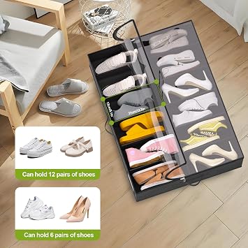 Under Bed Shoe Storage with Wheels, Fits 24 Pairs, Rolling Shoe Organizer with Bottom Support & Clear Lids, Sturdy Under Bed Storage Box for Shoes, Set of 2, Black