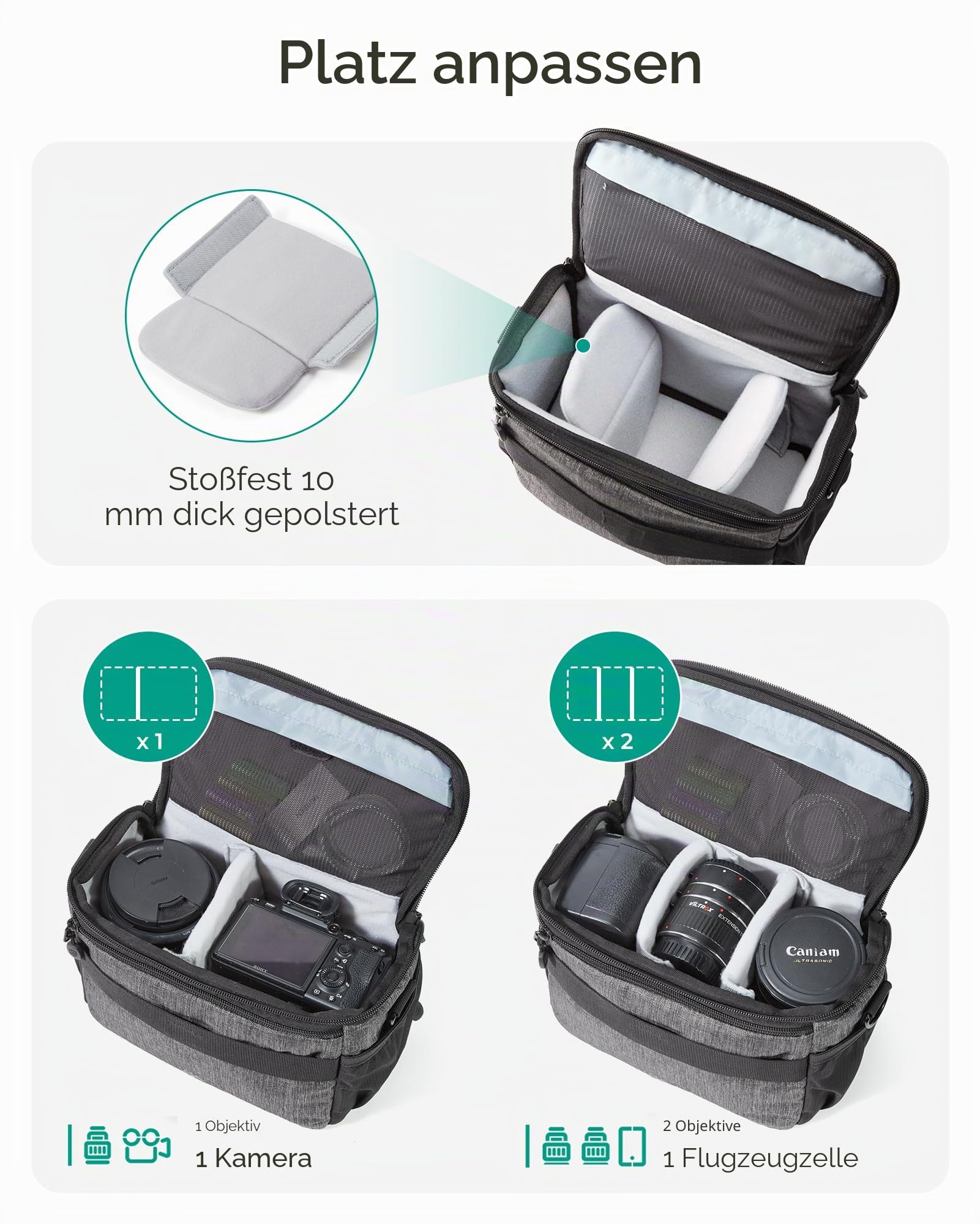 bagsmart Kameratasche Spiegelreflex DSLR SLR Fototasche Spiegelreflexkamera Systemkamera Objektive Zubehör mit Regenschutzhülle Schultertasche Grau
