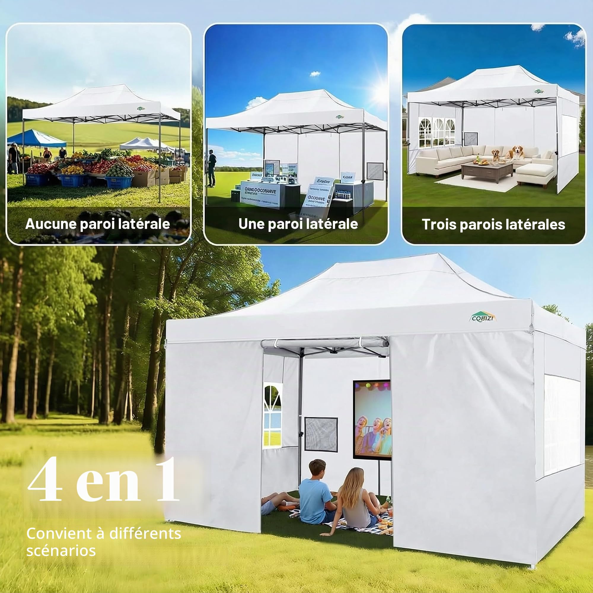 COBIZI Tonnelle Pliante 3x4.5 avec 4 Panneaux Latéraux, étanche, Stable, Pliable, Extérieur, Protection UV 50+, Blanc