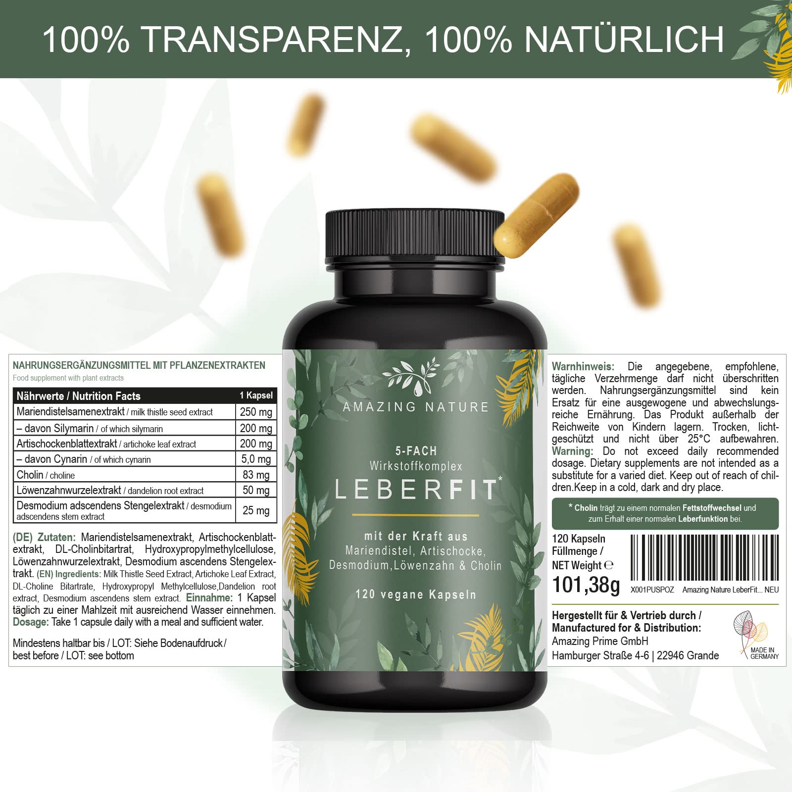LeberFit Mariendistel Kapseln Hochdosiert 5-Fach Komplex mit Cholin | 80% Silymarin, Cholin & 4 Pflanzenextrakte nur 1 Kapsel täglich, bis zu 4 Monate Vorrat