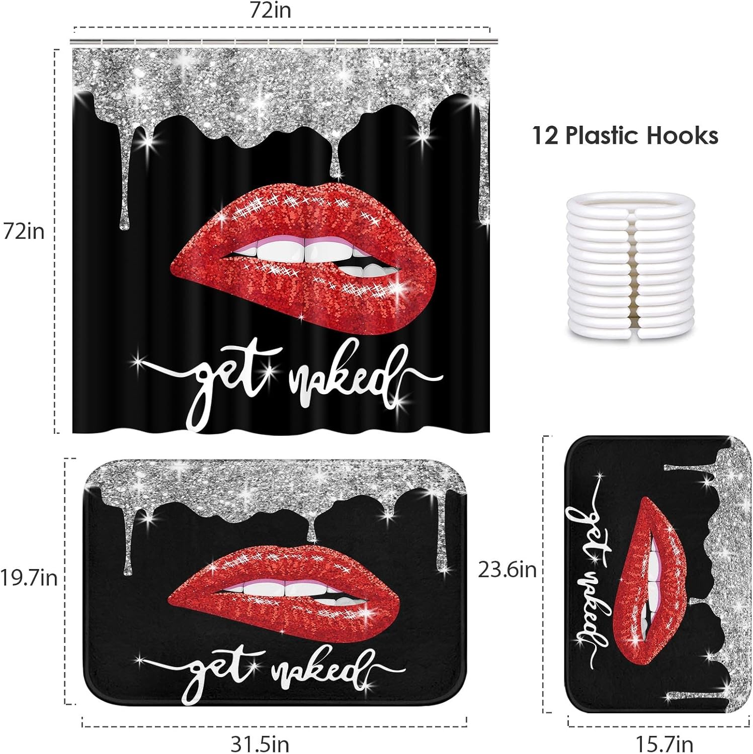Arttown Black Bathroom Set with Shower Curtain and Rugs and Accessories, Diamond Glitter Get Naked Shower Curtain Set, Lips Black Red Bathroom Decor 3 Pcs