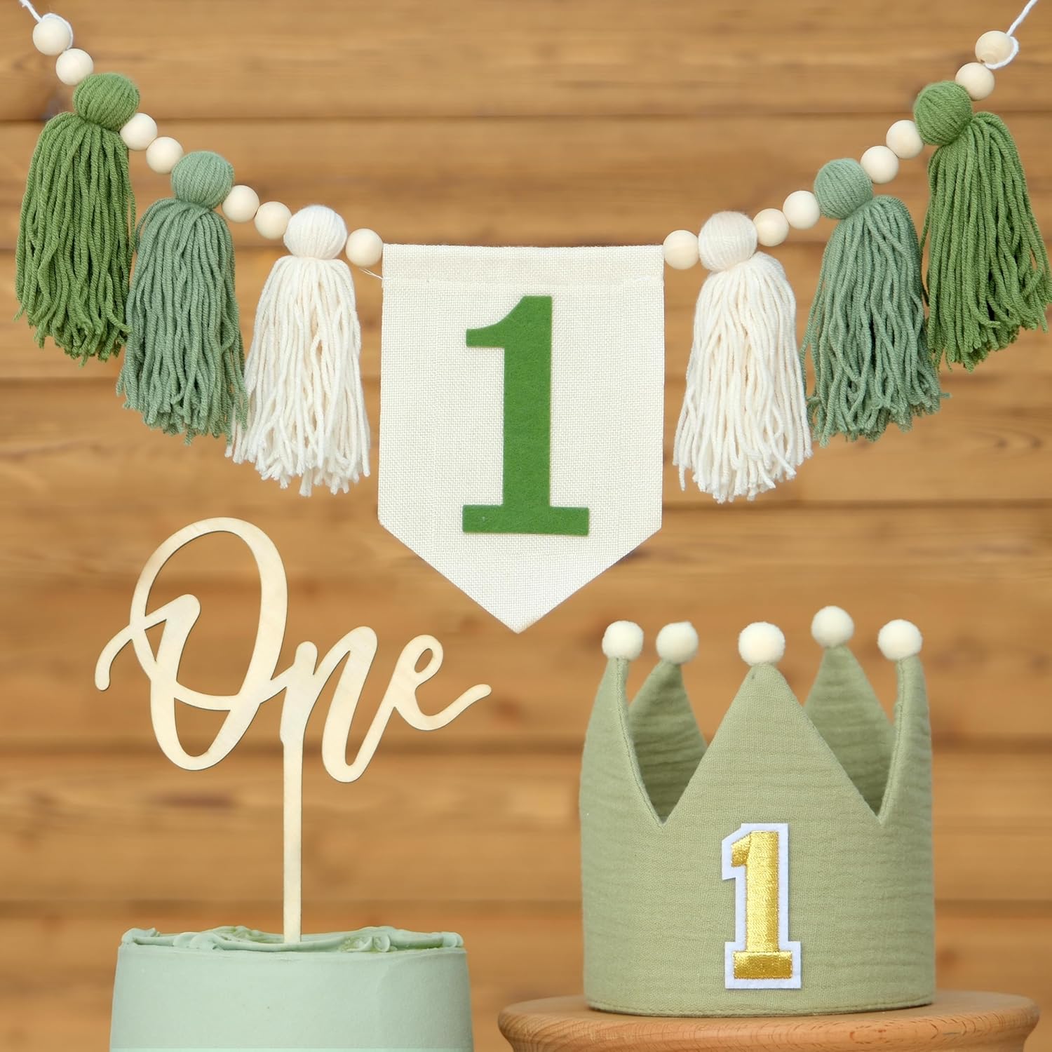 Handmade Boho 1st Birthday High Chair Banner Boho 1st Birthday Hat Decorations Party for Girl Baby Shower Green Wall Hangings Decorative for Kids Bedroom