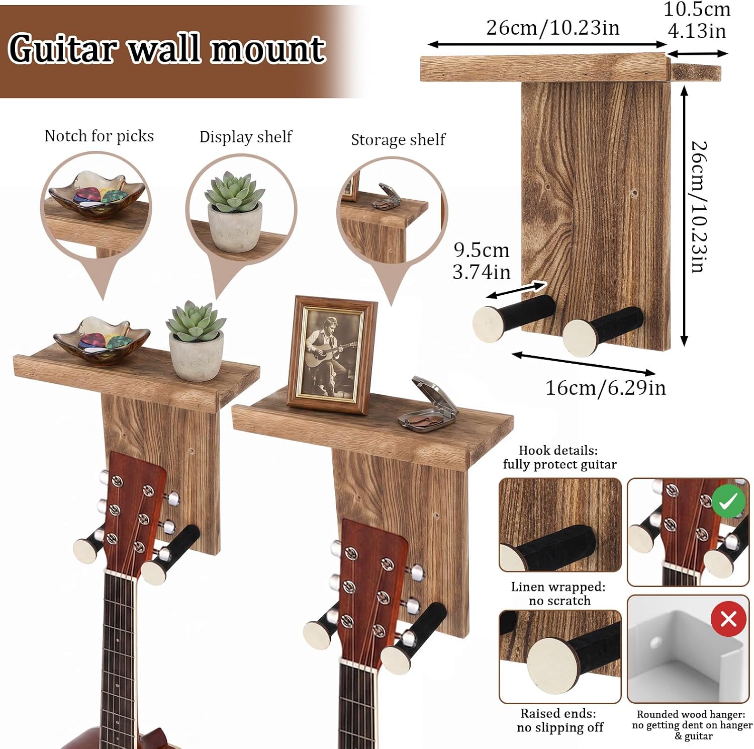 3 Pcs Guitar Wall Mount Hanger with Shelf & Pick Holder