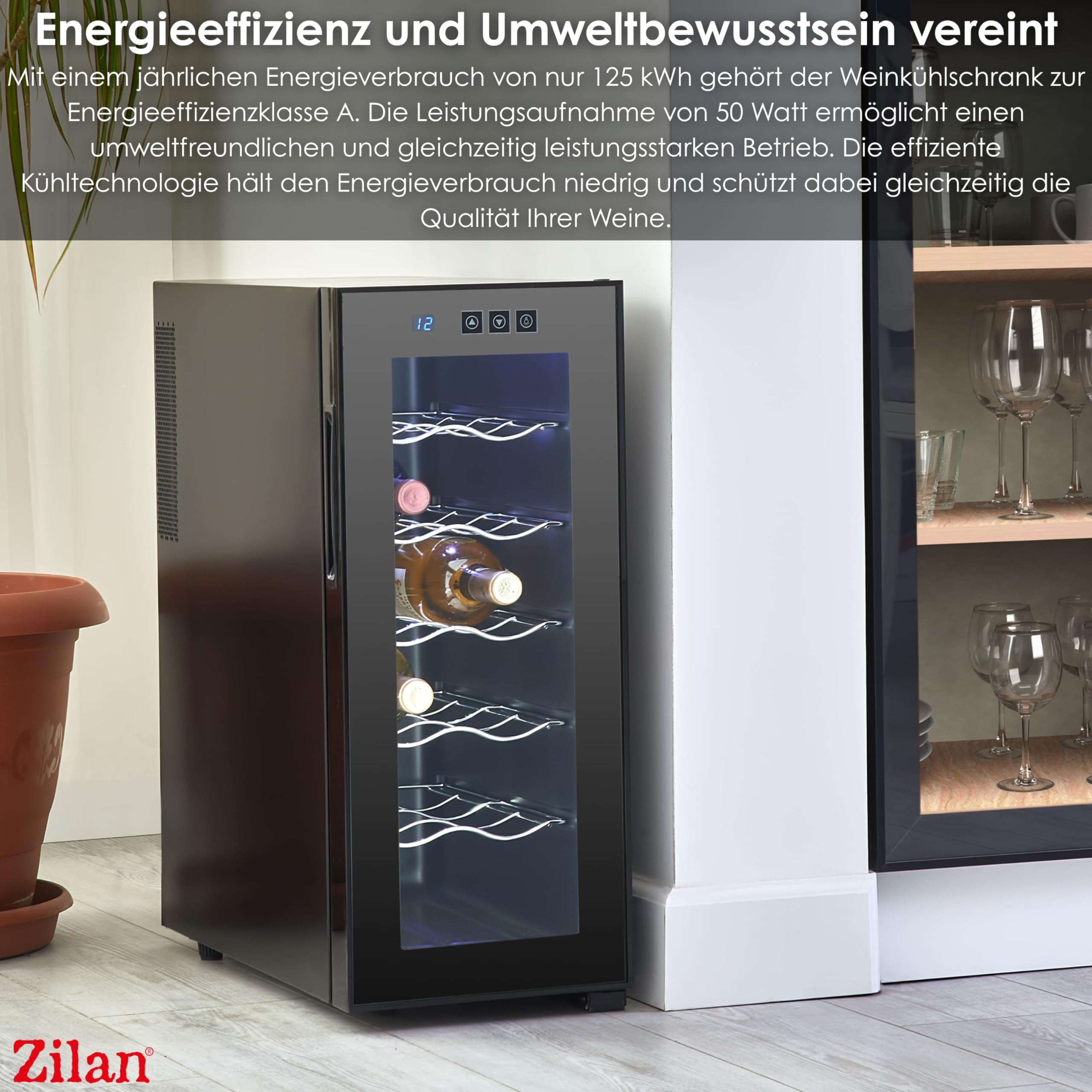 Zilan Refrigerador para vino, independiente, silencioso, 12 botellas, 33 litros, luces LED, enfriador de vino, armario pequeño con clima de vino, mini nevera, minibar con puerta de cristal