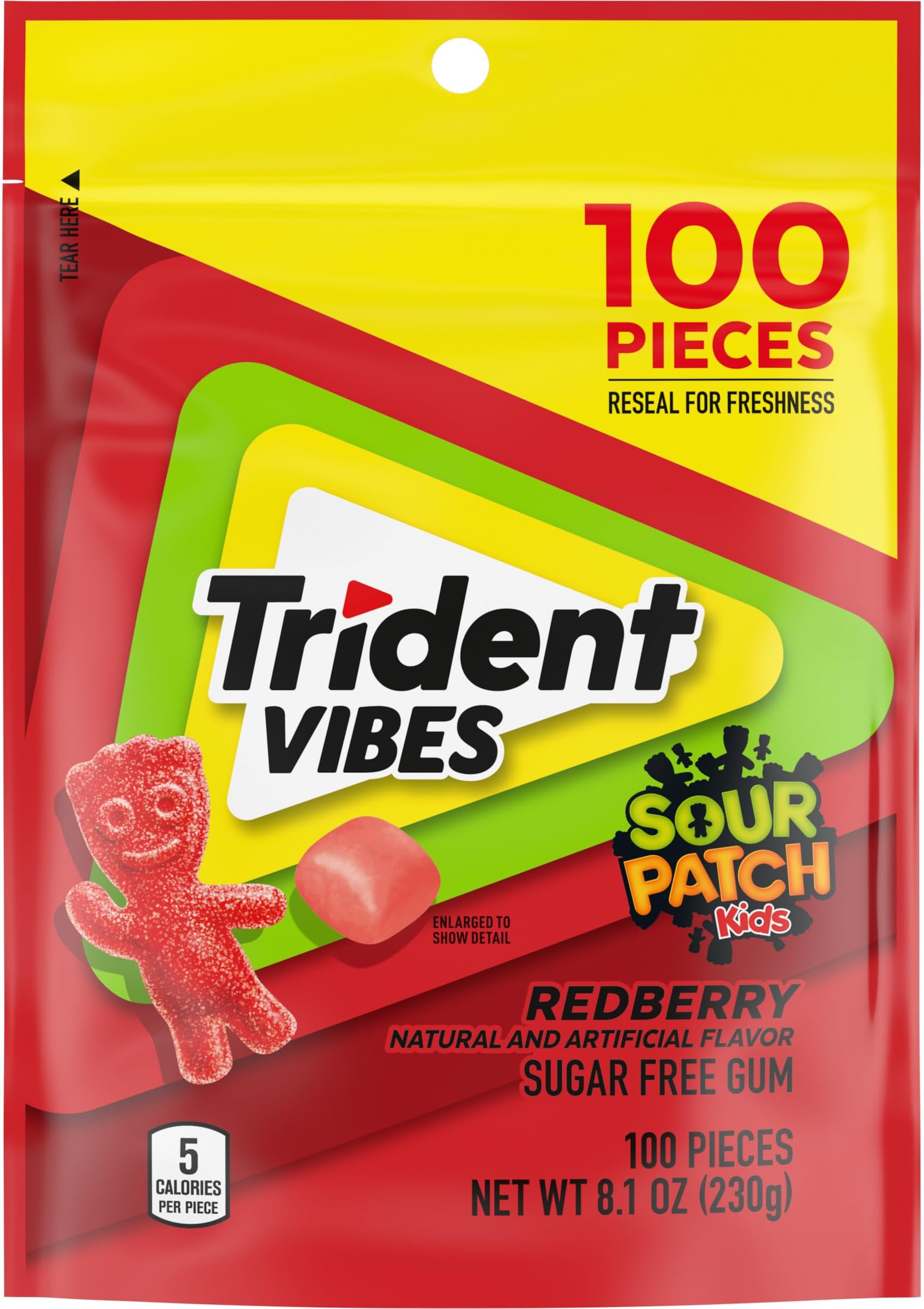 Vibes SOUR PATCH KIDS Redberry Sugar Free Chewing Gum, Holiday Christmas Stocking Stuffers for Adults & Kids, Resealable Pouch, Pack of 1 (100 Pieces)