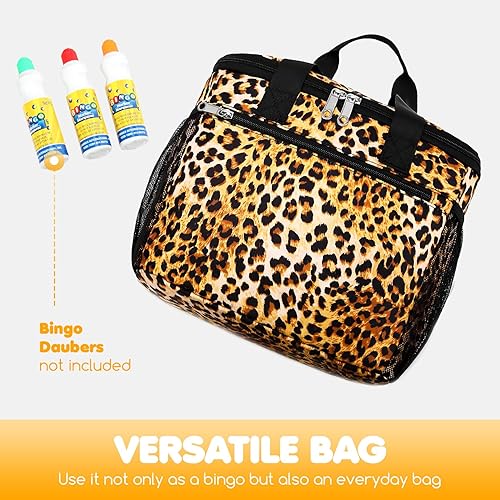 Miniatura 5 de Bolsa de bingo con estampado de leopardo y guepardo, bolsas de bingo portátiles con bolsillos para suministros de bingo, bolsa de transporte para