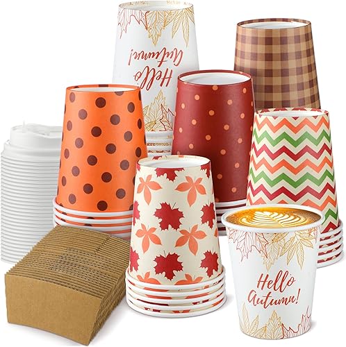 Miniatura 8 de Sosation 90 piezas30 juegos de tazas de café de papel Hello Autumn de 16 onzas, tazas desechables de otoño con tapas y mangas, hojas de arce, vasos