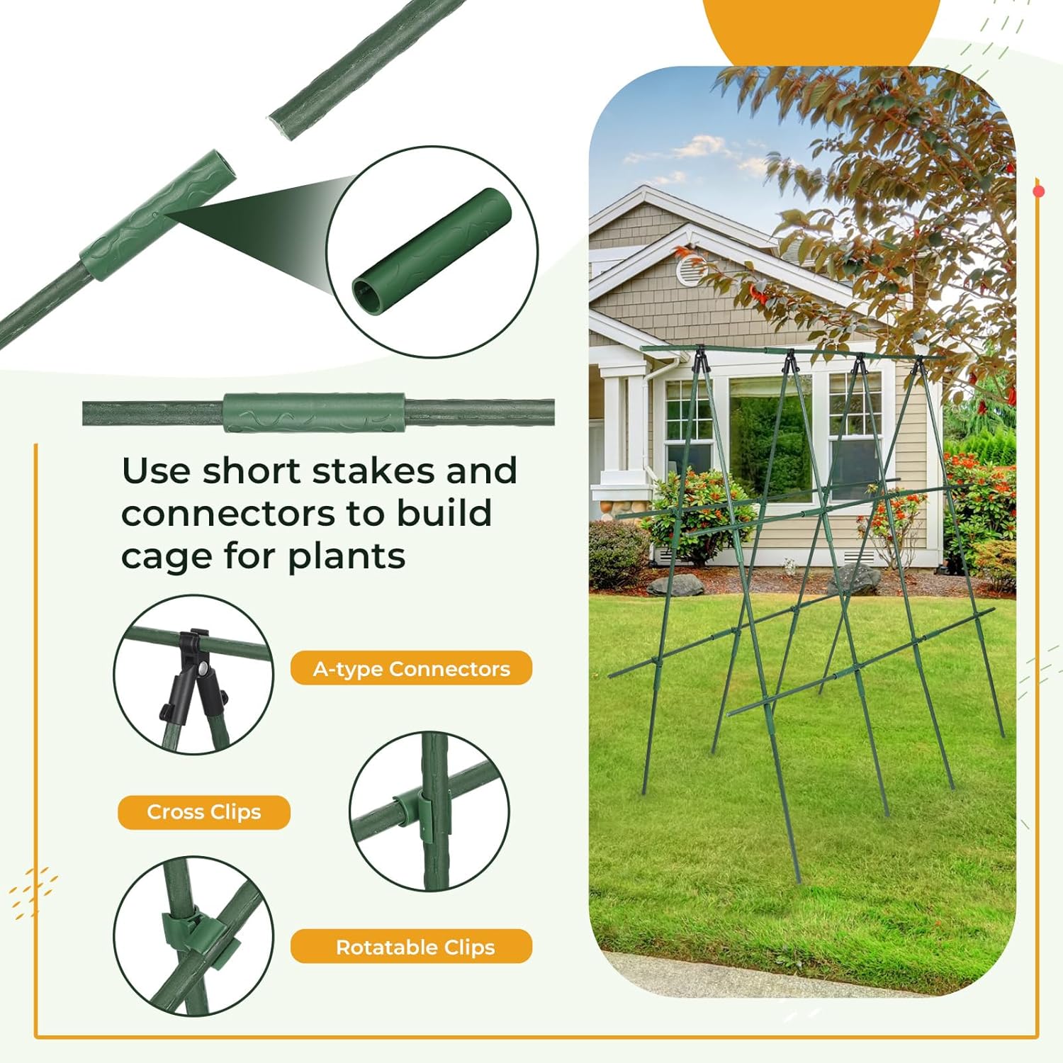 176 Pcs Garden Stakes Set Include 40 Pcs Steel Plant Stakes Tomato Support Sticks and Accessories DIY 4ft 5ft 6ft 7ft Support Sticks for Vegetables Tomato Pepper Orchid Fences Indoor Outdoor