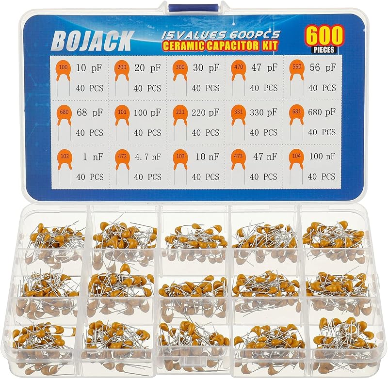 BOJACK 15 Type Values 600Pcs Ceramic Capacitor Assortment Kit Capacitors from 10pf to 100nF in a Box