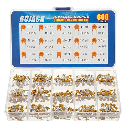 BOJACK 15 Type Values 600Pcs Ceramic Capacitor Assortment Kit Capacitors from 10pf to 100nF in a Box